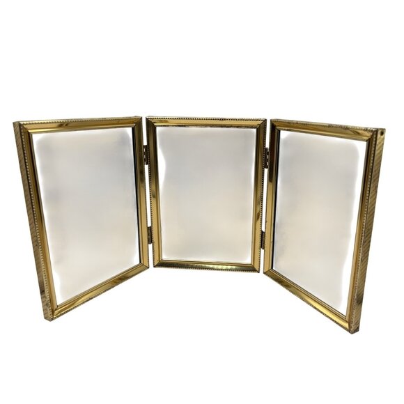 Vintage Gold-Tone Folding Triple Picture Frame With Beaded Edge 5x7 C130 - Picture 1 of 6